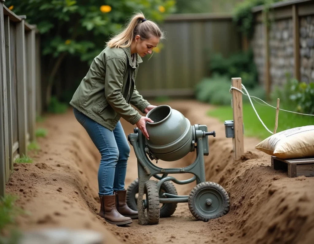 Femme réalisant elle-même la fondation d'un mur de clôture avec une bétonnière portable dans son jardin