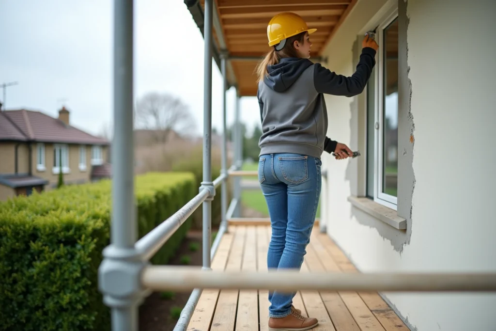 Femme en sécurité sur un échafaudage loué chez Leroy Merlin pour travaux de ravalement de façade