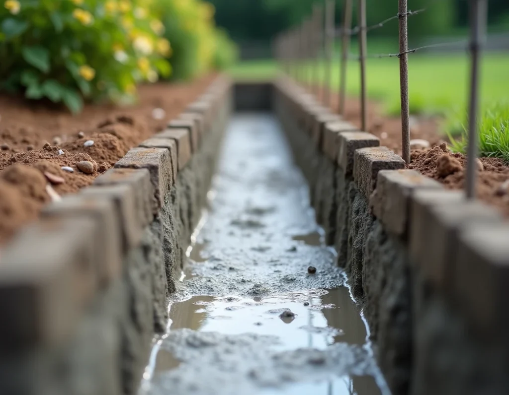 Détail d'une fondation en béton coulé dans une tranchée pour mur de clôture avec coffrage en bois et barres d'armature