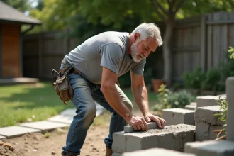 Maçon posant les fondations d'un mur de clôture en parpaings dans un jardin résidentiel