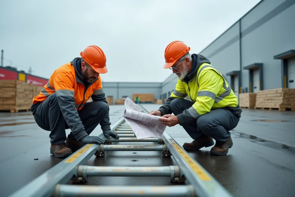Deux artisans assemblant un kit d'échafaudage modulaire loué dans un point de vente de bricolage