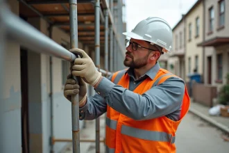 Ouvrier de chantier inspectant les joints d'un échafaudage tubulaire loué sur un bâtiment résidentiel