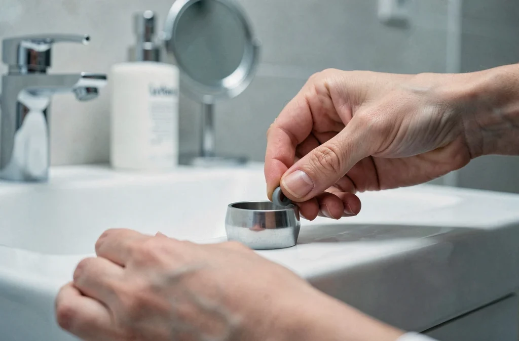 Ajusteur de bague en silicone placé sur l'intérieur d'une bague en argent trop grande posée sur un comptoir de salle de bain