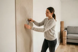 Femme appliquant un revêtement mural autocollant géométrique sur un mur blanc dans un salon moderne