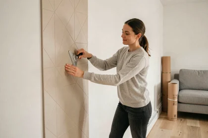 Femme appliquant un revêtement mural autocollant géométrique sur un mur blanc dans un salon moderne