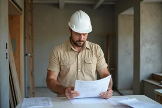 Artisan en bâtiment consultant un devis de rénovation dans un appartement en travaux
