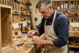 Artisan menuisier expérimenté examinant un assemblage en bois dans son atelier traditionnel, outils de travail en arrière-plan