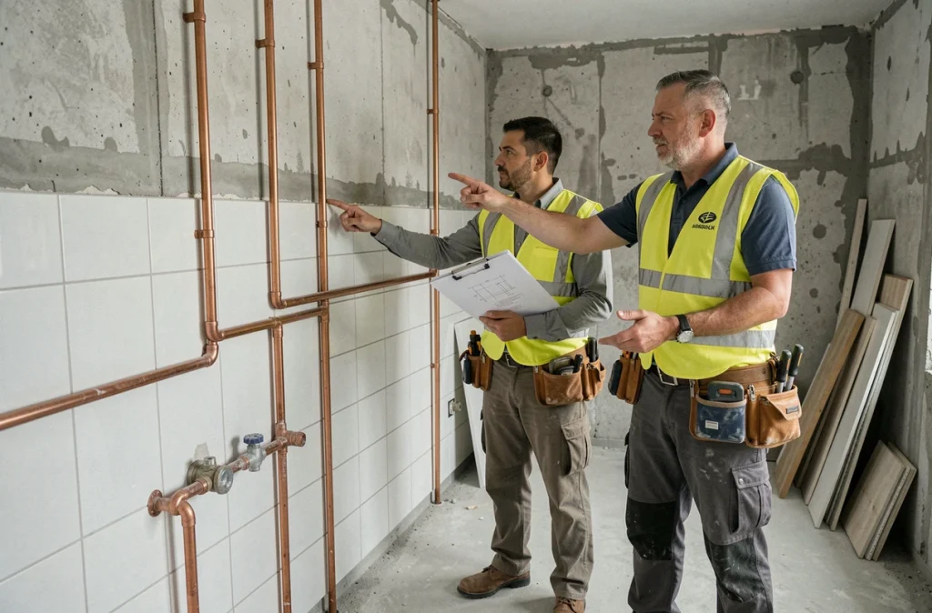 Deux artisans plombiers discutant de travaux de rénovation de salle de bain devant des canalisations apparentes avec plans techniques