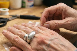 Astuce maison pour réduire la taille d'une bague trop grande avec du ruban adhésif transparent enroulé autour de l'anneau