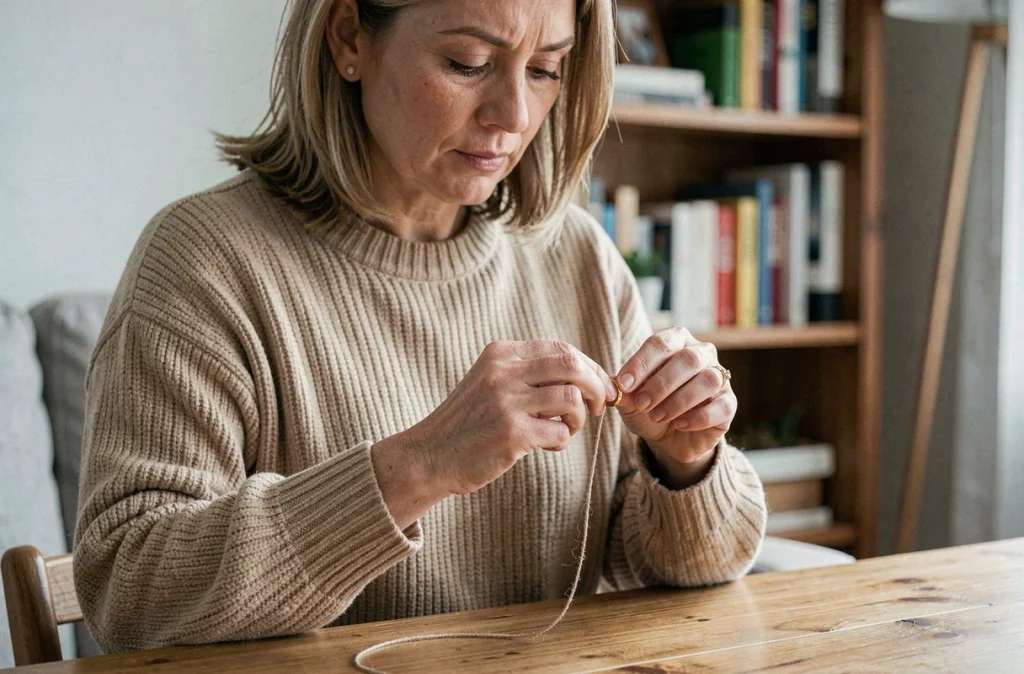 Femme utilisant du fil de laine pour ajuster une bague en or trop grande à son doigt, astuce maison simple