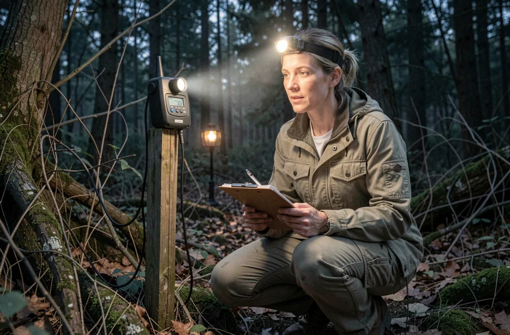 Biologiste de terrain enregistrant les cris nocturnes d'animaux sauvages avec un détecteur ultrasonique dans une forêt, carnet de notes en main