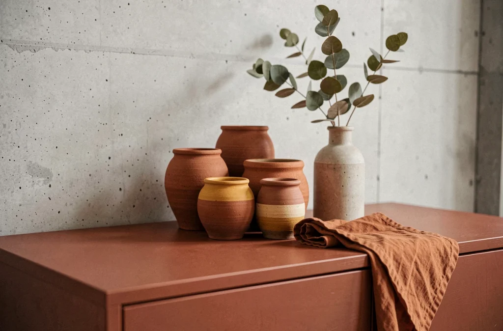 Buffet terracotta avec céramiques artisanales en argile et ocre dans un salon au style scandinave épuré