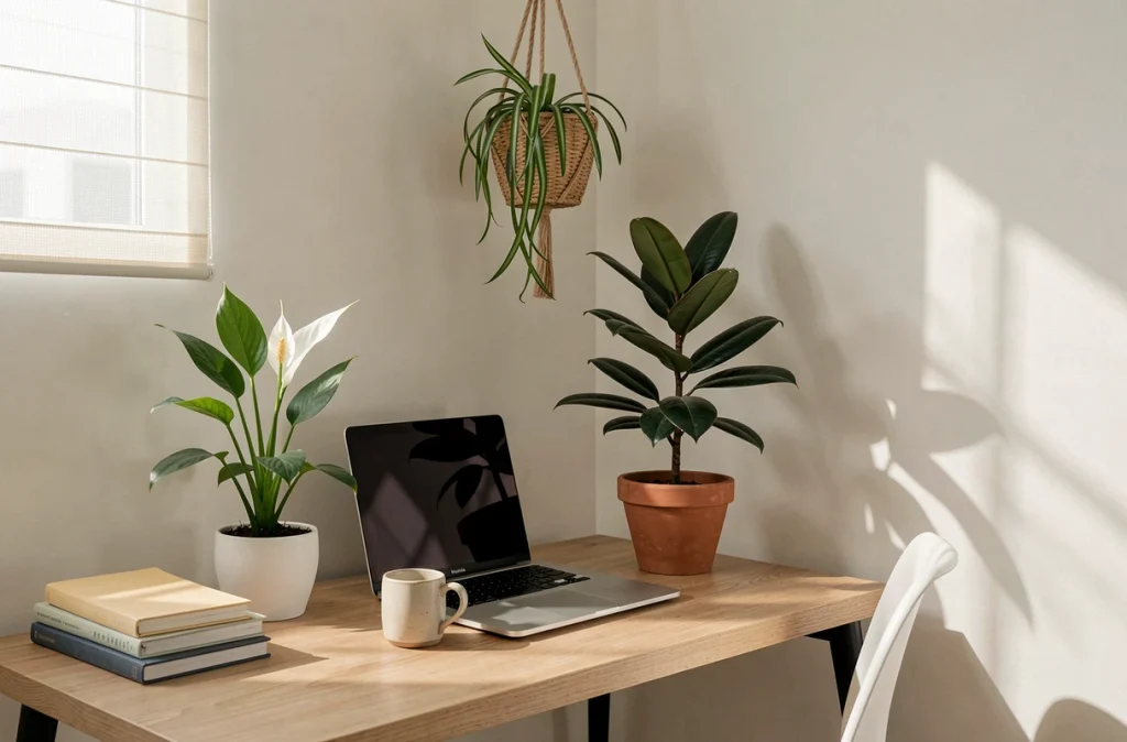 Bureau à domicile bien organisé entouré de plantes dépolluantes comme le spathiphyllum, le ficus et le chlorophytum dans des pots en céramique