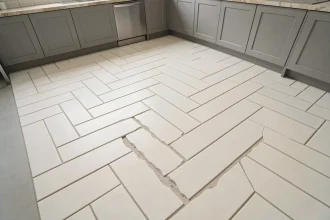Carrelage cuisine posé en chevron avec défauts d'alignement visibles sur joints irréguliers