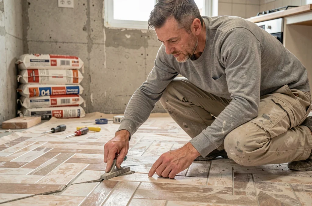 Carreleur inspectant une erreur de pose de carrelage en chevron dans une cuisine en rénovation