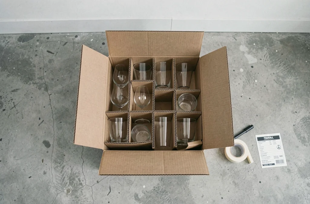 Vue du dessus d'un carton alvéolé rempli de verres et vaisselle protégés par du papier kraft