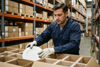 Carton de déménagement spécial vaisselle avec intercalaires en mousse dans un entrepôt logistique