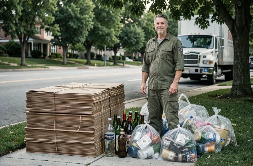 Homme déposant des cartons aplatis et matériaux recyclables sur le trottoir lors d'un déménagement