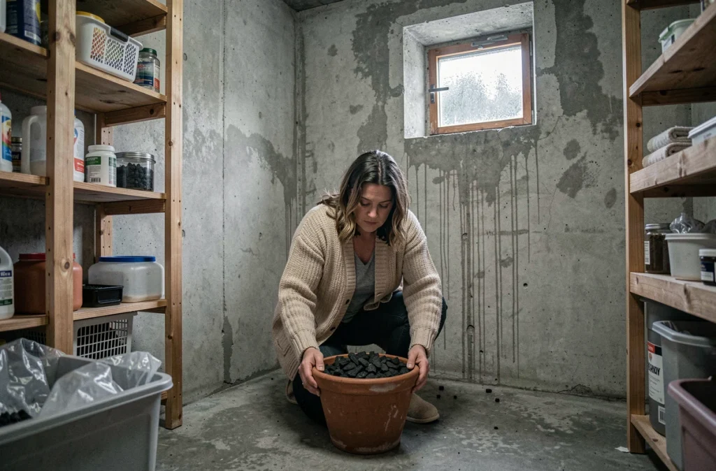 Femme plaçant du charbon actif dans un sous-sol humide pour neutraliser les mauvaises odeurs d'humidité en hiver