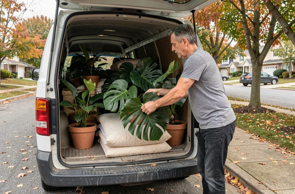 Homme chargeant des plantes en pots dans un camion de déménagement avec des couvertures de protection