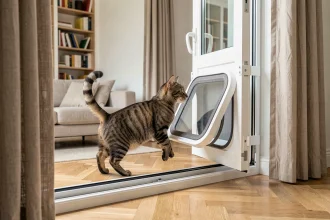 Chatière amovible sans perçage installée sur une porte-fenêtre coulissante dans un appartement moderne avec un chat roux passant à travers