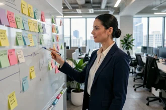Cheffe de projet agile devant un tableau de planification sprint dans un bureau tech moderne