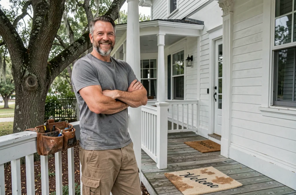 Chip Gaines souriant fièrement devant une maison craftsman restaurée reflétant son engagement pour la rénovation immobilière en 2026