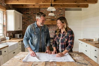 Couple tendance Fixer Upper examinant des plans de rénovation dans une cuisine de ferme authentiquement restaurée en 2026
