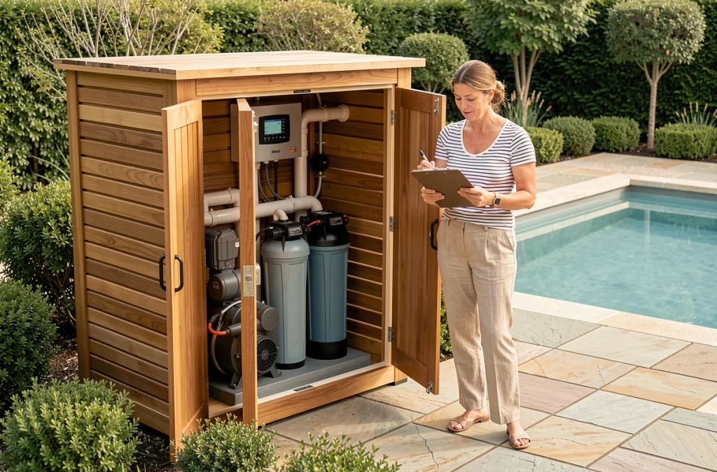 Coffre technique extérieur en bois abritant la pompe et le système de filtration d'une piscine résidentielle dans un jardin aménagé