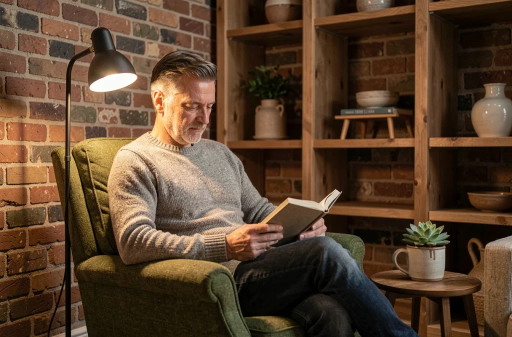 Homme lisant dans un fauteuil sous une lampe sur pied modulable dans un coin salon cosy