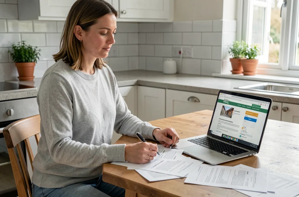 Propriétaire comparant des devis d'artisans sur table avec ordinateur portable et documents imprimés dans une cuisine moderne