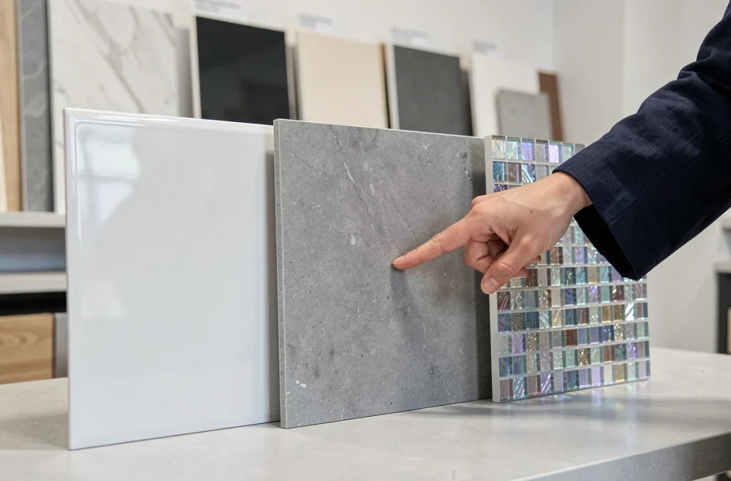 Comparatif de trois types de carrelage mural salle de bain : faïence brillante, grès cérame mat et mosaïque en verre