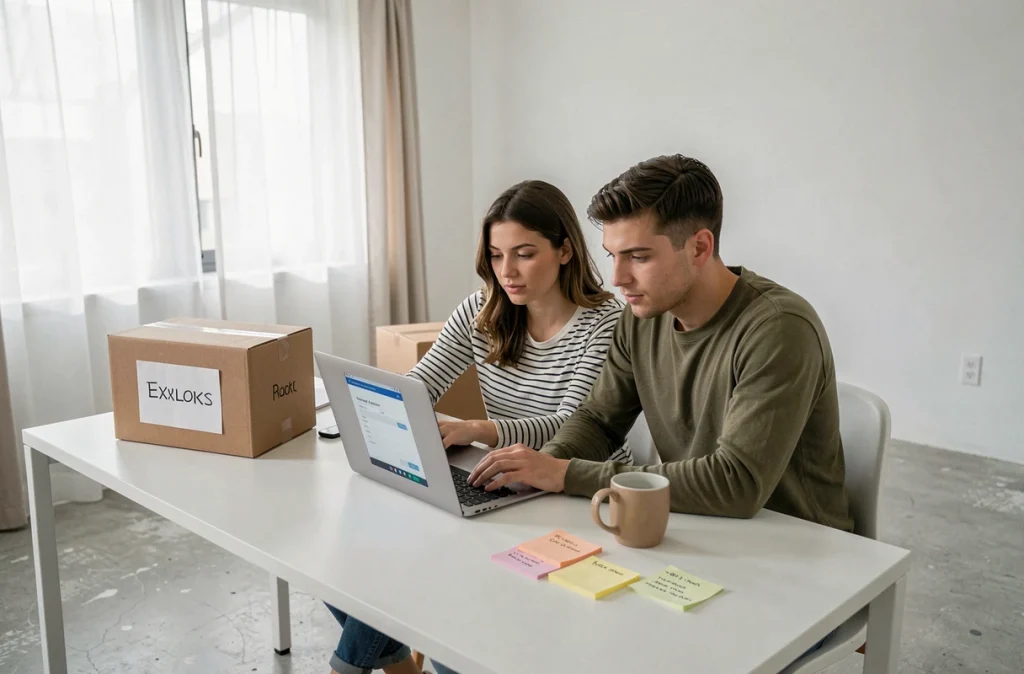 Couple effectuant ensemble leurs démarches administratives de changement d'adresse sur un ordinateur dans un appartement nouvellement emménagé