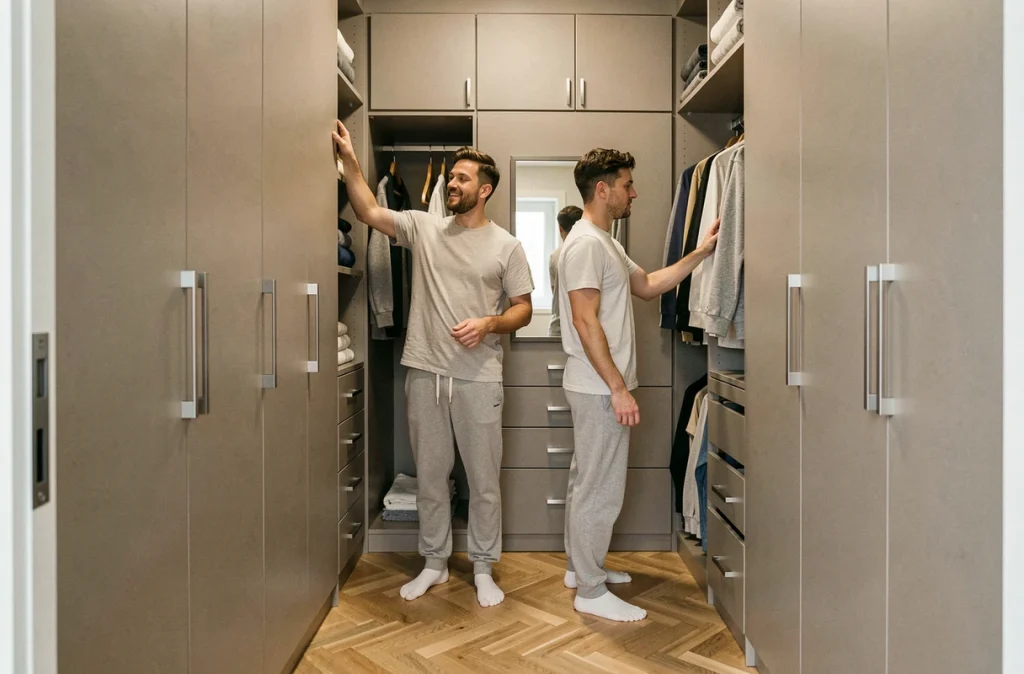 Couple utilisant un dressing 2 personnes optimisé avec rangements séparés et miroir intégré