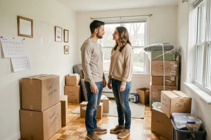 Couple planifiant leur déménagement en consultant un calendrier dans un appartement à moitié emballé