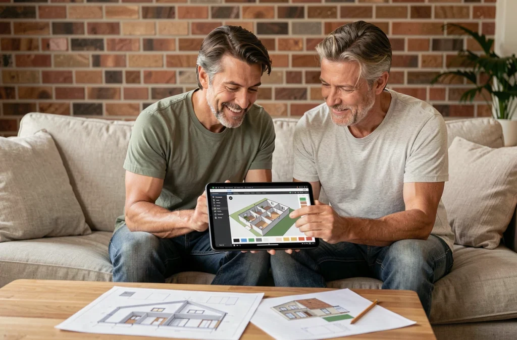 Couple utilisant un logiciel d'architecture 3D gratuit sur tablette pour concevoir ensemble leur premier projet maison