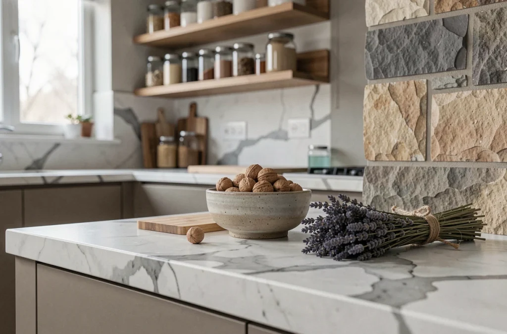 Plan de travail de cuisine en marbre avec des accessoires en bambou, grès artisanal et lavande séchée