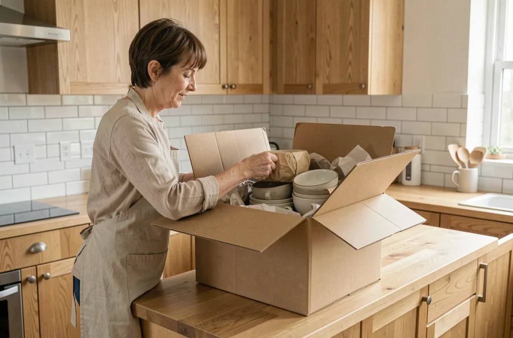 Femme déballant de la vaisselle emballée dans un carton avec papier de protection sur un plan de travail