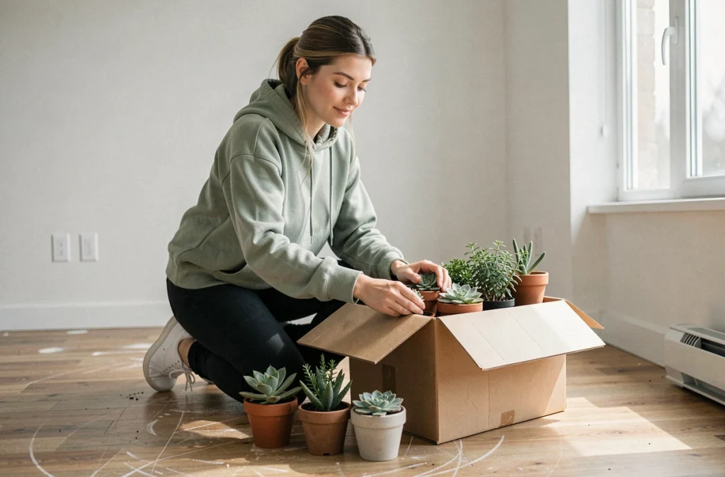 Jeune femme déballant et réinstallant ses plantes succulentes dans un nouvel appartement vide après déménagement