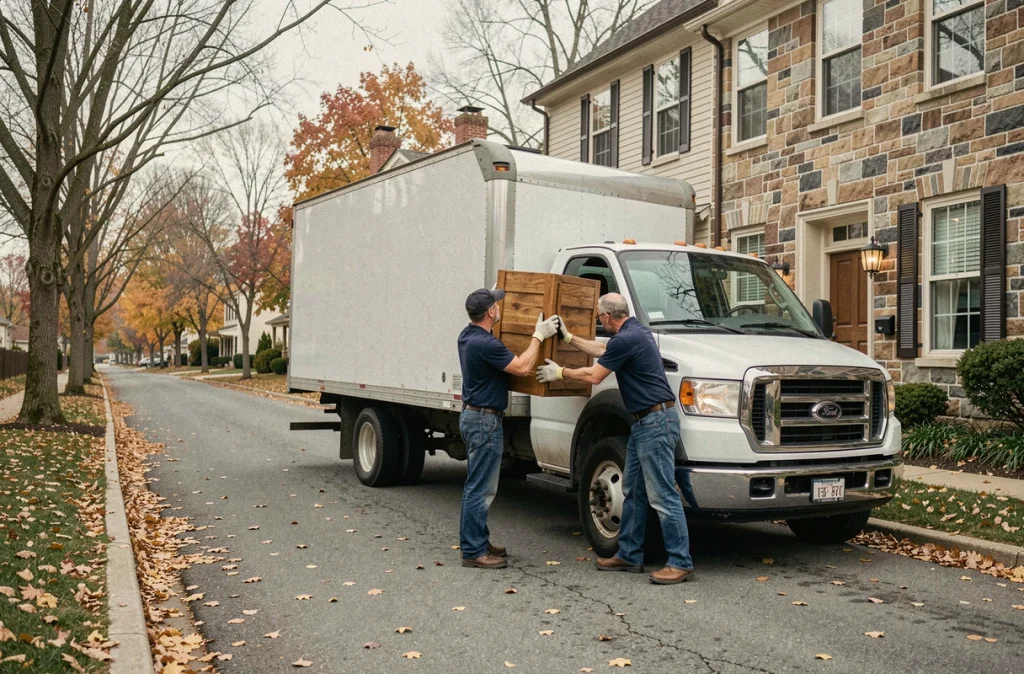 Déménageurs professionnels chargeant des meubles dans un camion de déménagement en automne