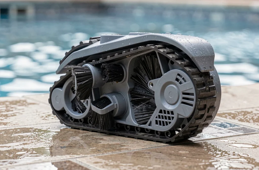 Gros plan sur les brosses et le panier de filtration d'un robot de piscine automatique posé au bord du bassin avec gouttes d'eau
