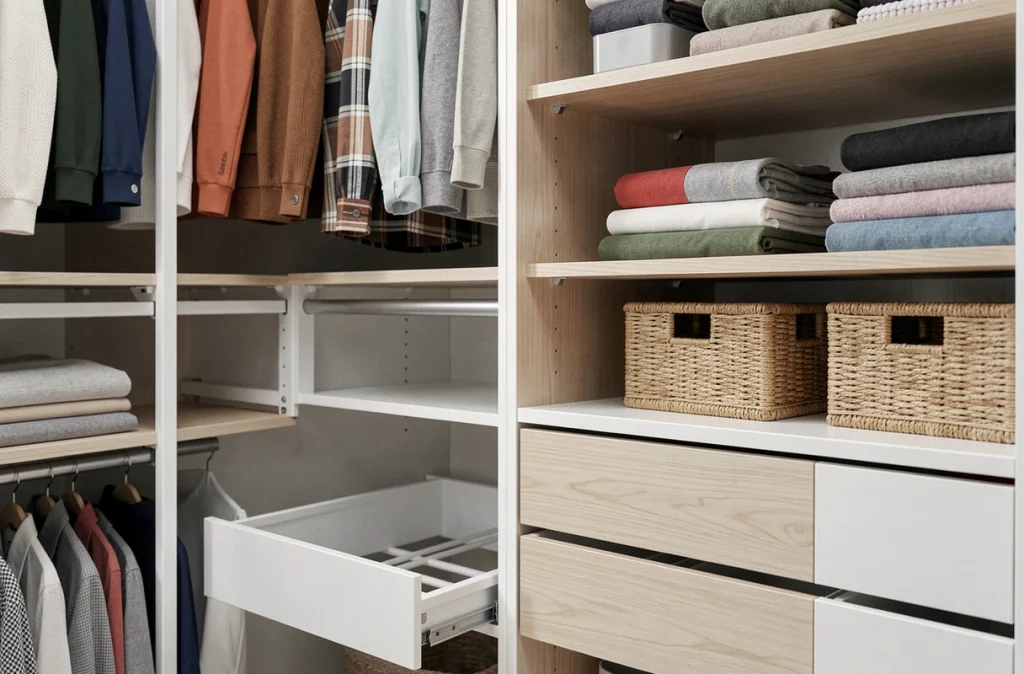 Détail intérieur d'un dressing 2 personnes avec penderies double hauteur et tiroirs intégrés en profondeur minimale