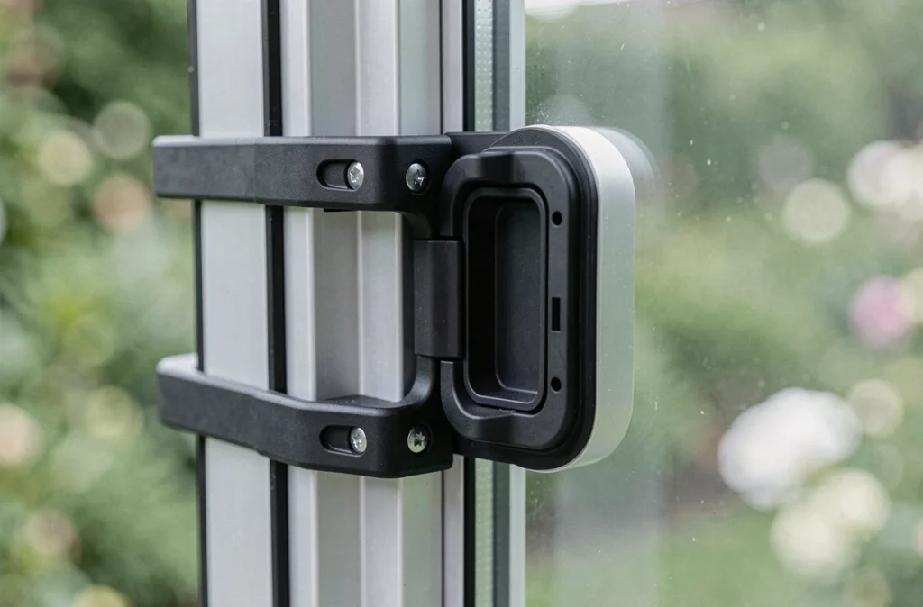 Gros plan du système de fixation sans perçage d'une chatière amovible sur un profilé de porte-fenêtre en aluminium