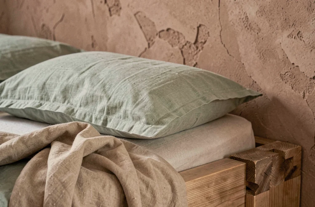 Détail de taies d'oreillers et plaid en lin vert sauge posés sur un cadre de lit en bois brut