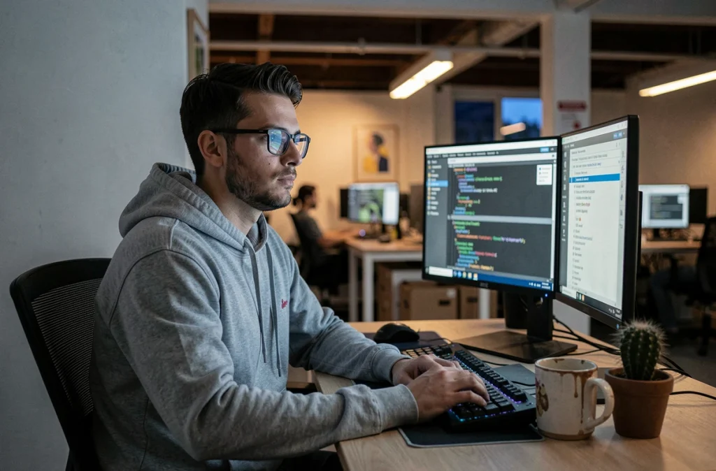 Développeur concentré sur un logiciel de gestion de projet agile dans un bureau de startup