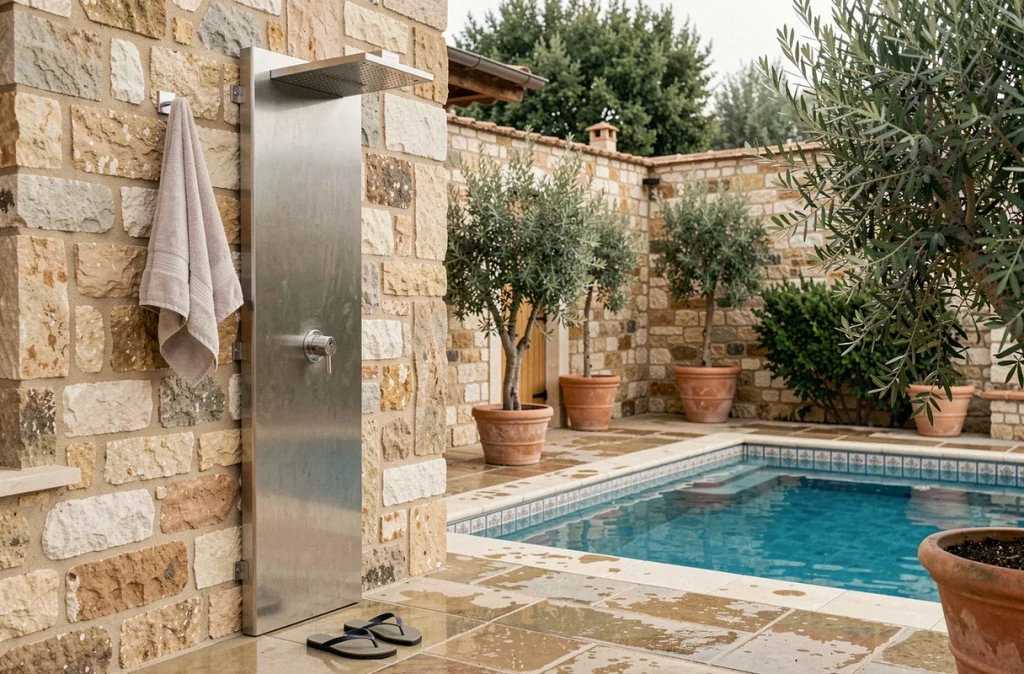 Douche solaire en inox fixée à un mur en pierre naturelle au bord d'une piscine méditerranéenne