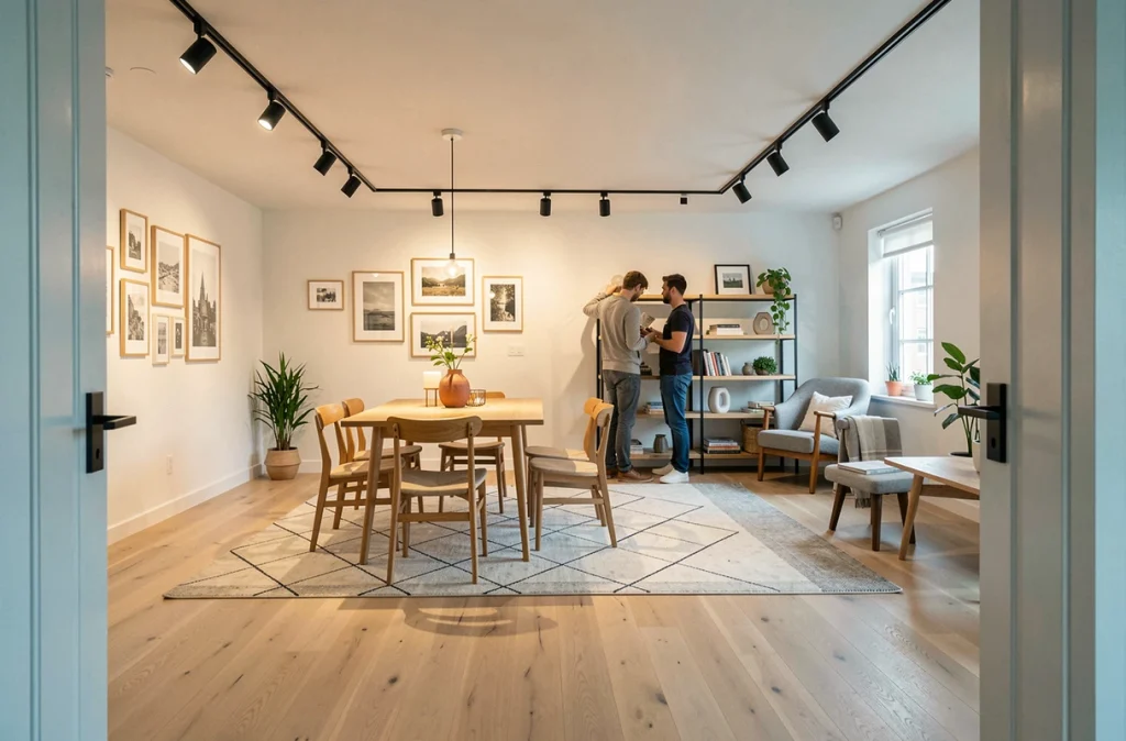 Salon salle à manger avec système d'éclairage sur rail modulable dans un intérieur style scandinave