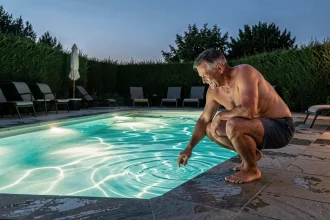 Piscine privée éclairée par des LEDs subaquatiques au crépuscule avec reflets turquoise sur le carrelage en pierre
