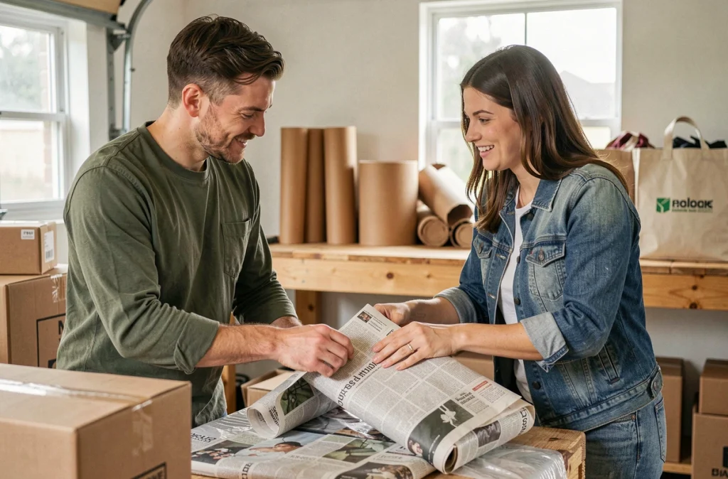 Couple emballant des objets fragiles avec du papier journal recyclé dans un garage lors d'un déménagement durable