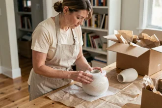 Femme emballant un vase en céramique fragile avec du papier bulle avant un déménagement